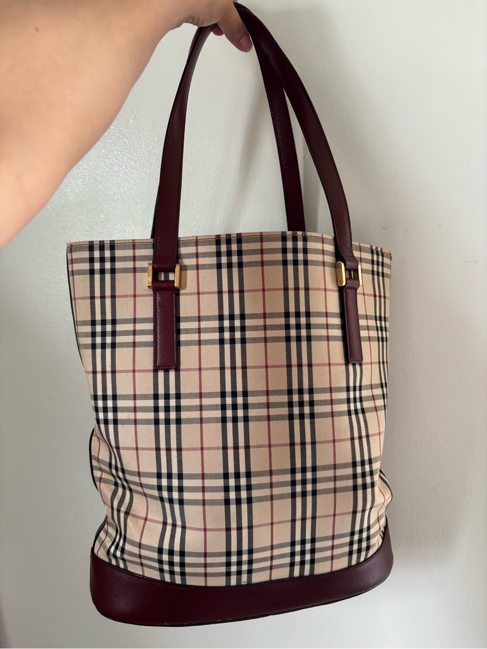 Plaid Canvas Tote Bag with Brown Leather Trim - Picture 2 of 14